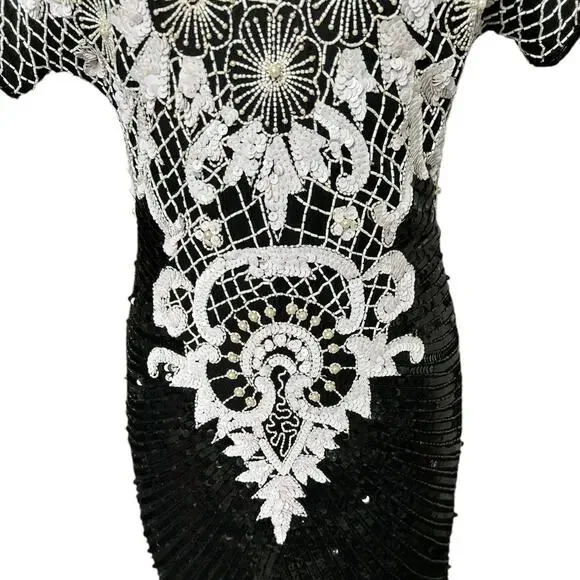 Vintage 80s Beaded Sequined Party Cocktail Mini Dress Carina Black White M Glam